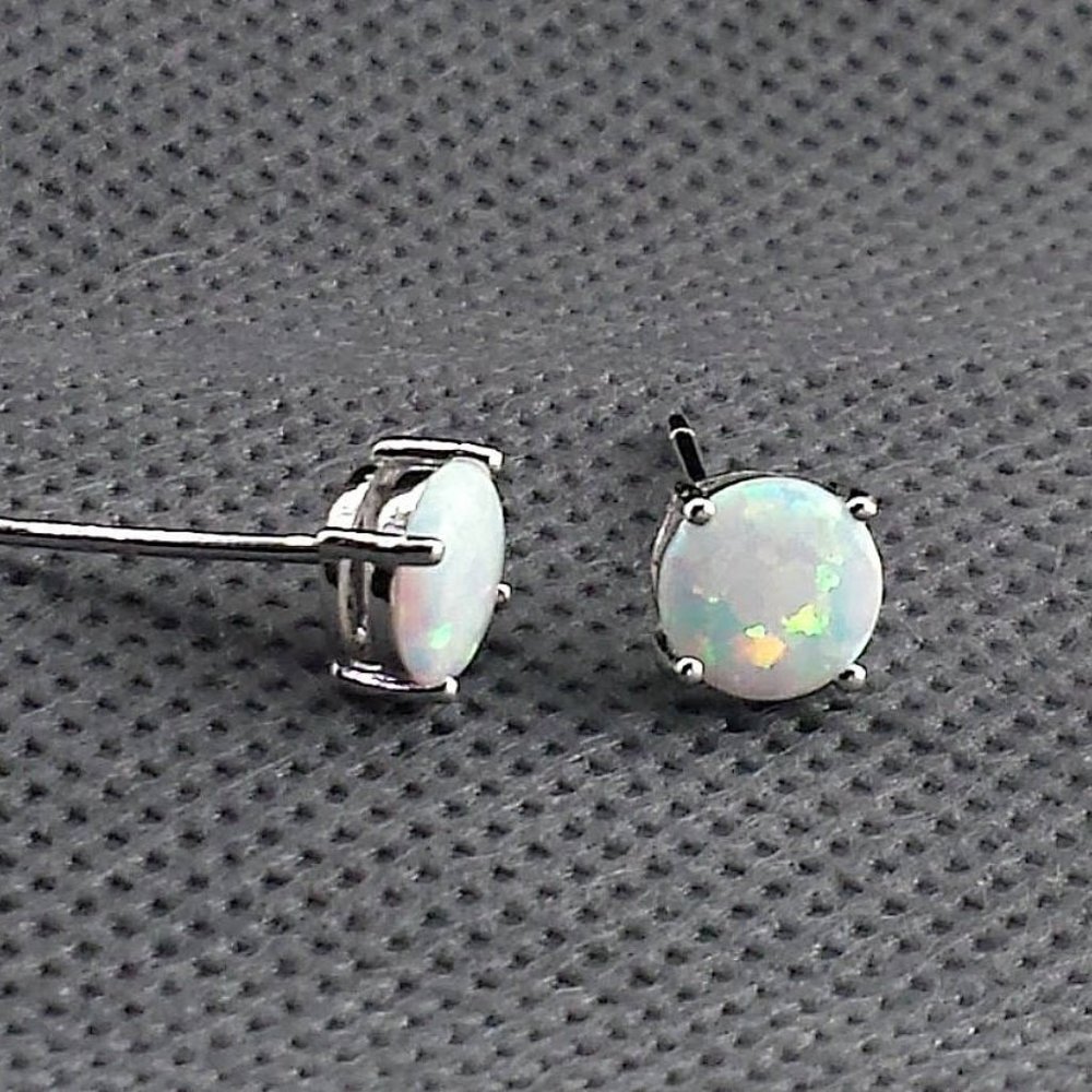 Lab Opal Stud Earrings Sterling Silver - Picture 3 of 4